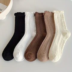5 Pairs Twist Textured Ruffle Socks Women's Stockings