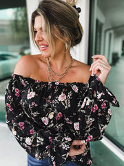 Off Shoulder Floral Print Blouse Women's Plus Semi Sheer B