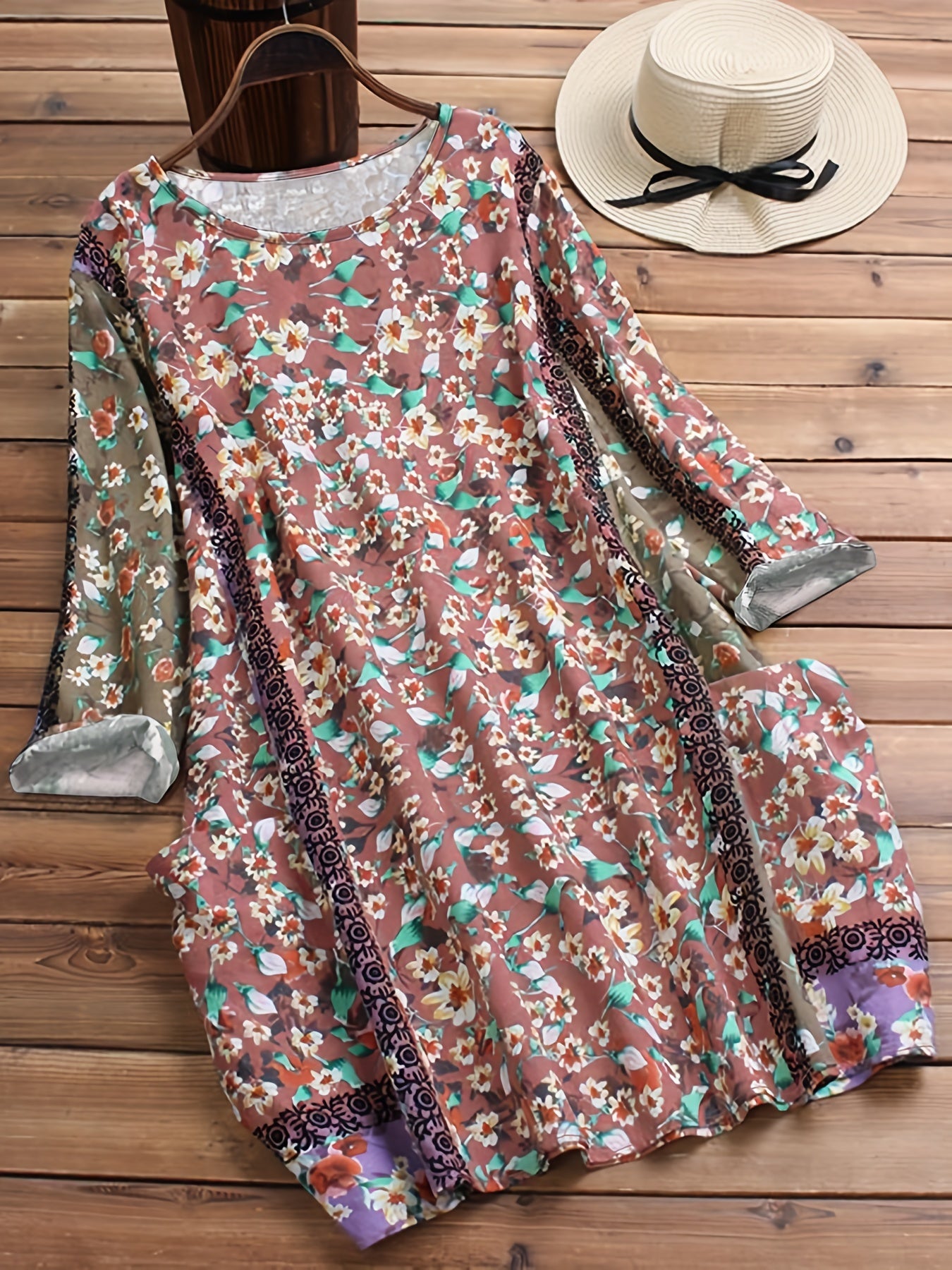 Floral Print Long Sleeve Round Neck Dress With Pockets