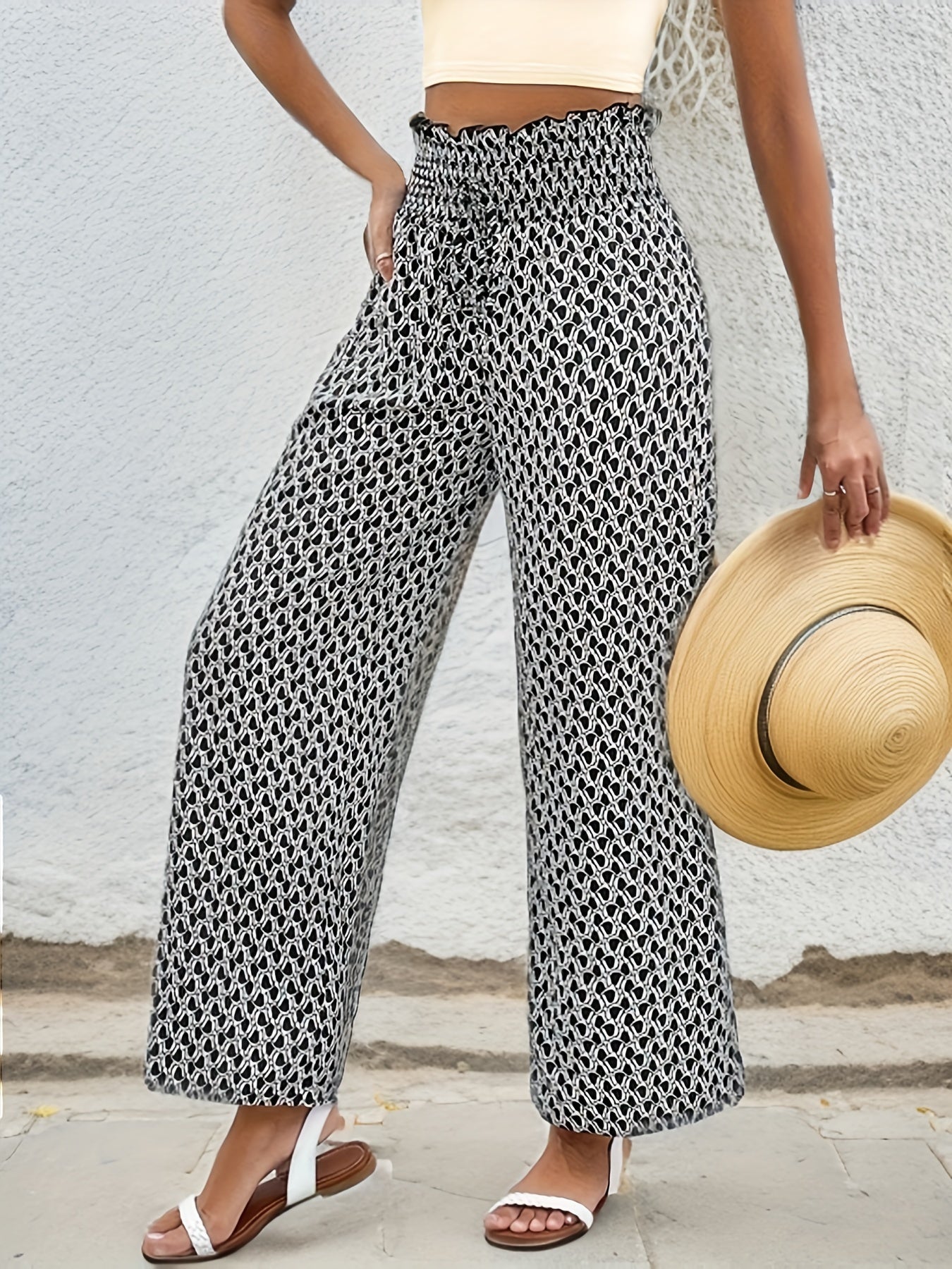 Wide Leg Pants Casual Shirred Waist Pants For Spring & Summer