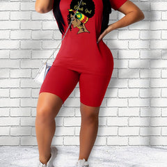 Girl Print Matching Two piece Casual Set Short Sleeve T shirt & Biker Shorts