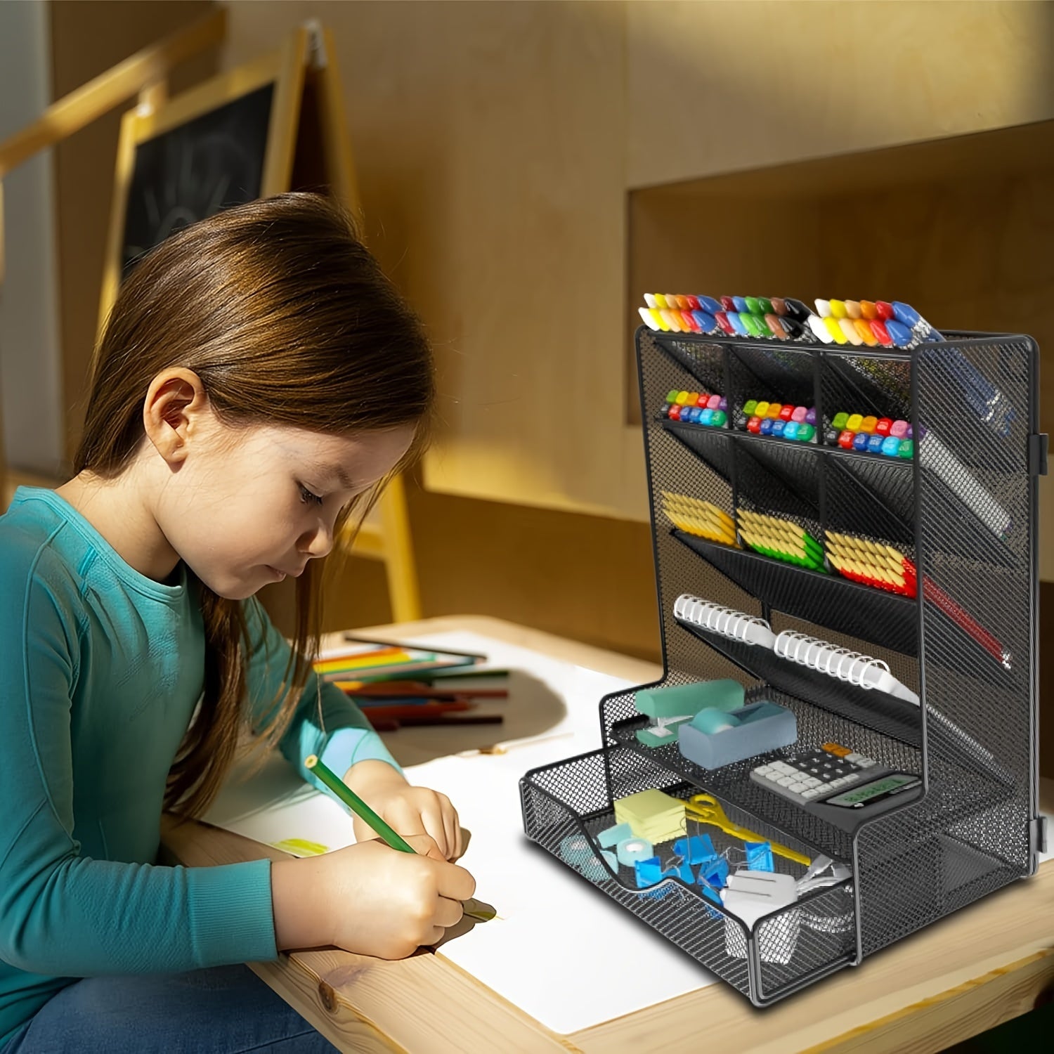 Desk Pen Organizer with Drawer Wall Mount Holder