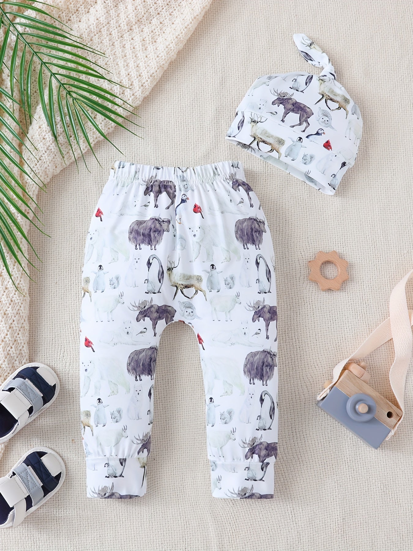 2pcs Animal Print Elastic Waist Pants & Hat Set for Baby Boys & Girls