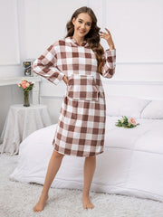 Plaid Fuzzy Hooded Night Robe Long Sleeve Robe With Pockets