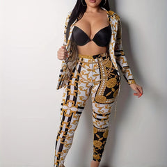 Baroque Floral Print 2pc Set Long Sleeve Tops & Slim Pants Outfits
