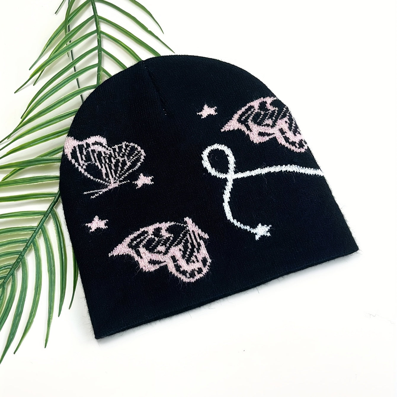 Pink Butterfly Jacquard Beanie Soft Knit Hat for Women