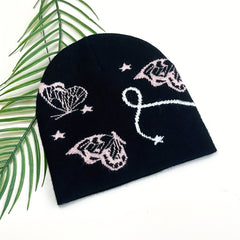 Pink Butterfly Jacquard Beanie Soft Knit Hat for Women