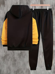Men's Letter Print Hoodie & Sweatpants Set + Yellow Block Top