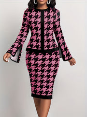 Houndstooth Print 2pc Set Split Sleeve Tops & Bag Hip Skirts