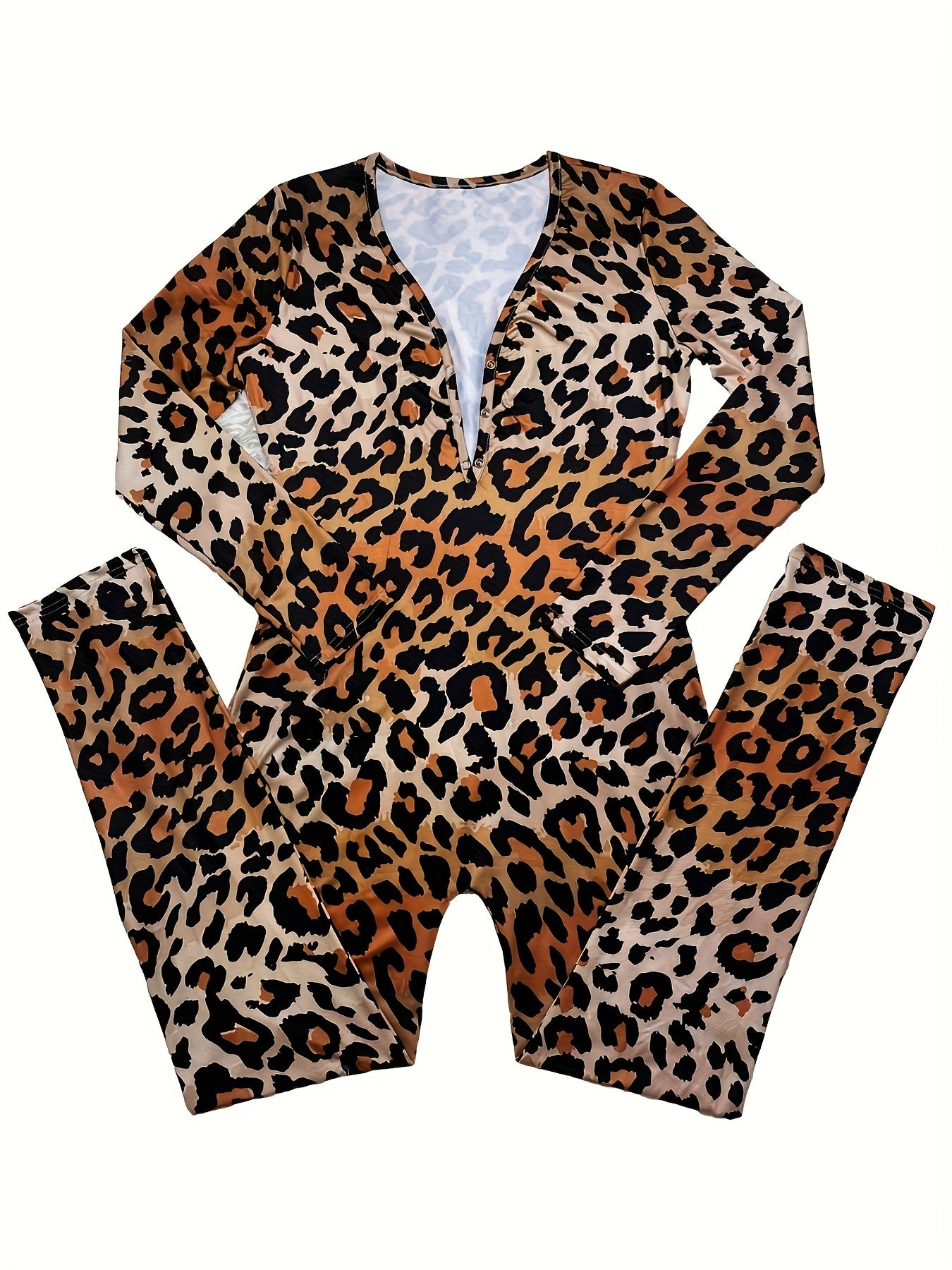Leopard Lounge Jumpsuit Long Sleeve V Neck Buttons Jumpsuit