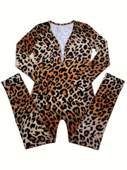 Leopard Lounge Jumpsuit Long Sleeve V Neck Buttons Jumpsuit