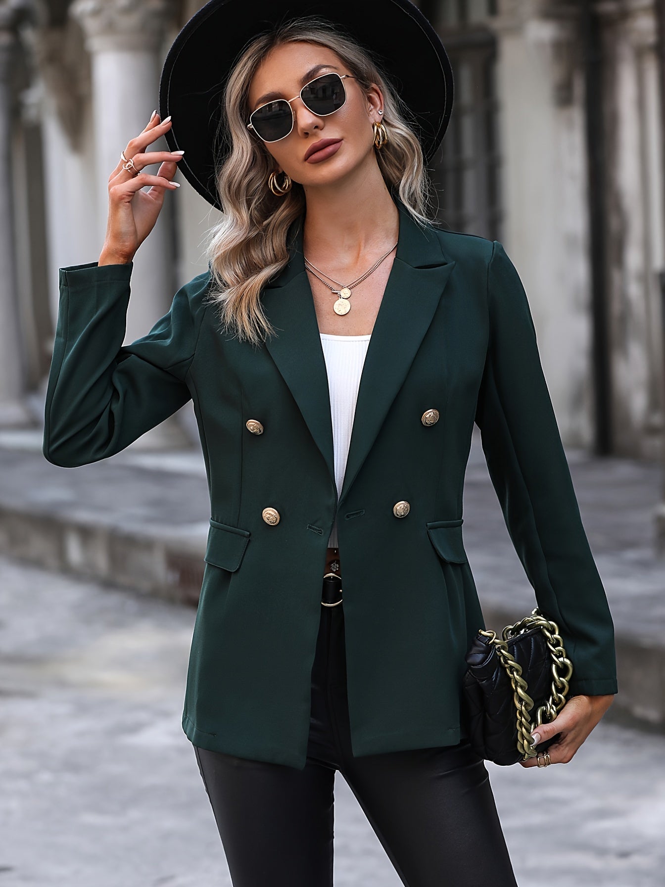 Solid V Neck Long Sleeve Button Lapel Pockets Jacket