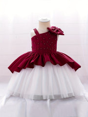 Girls Lace Trim Puffy Princess Dress for Wedding Birthday Party