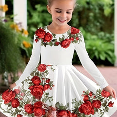 Girls Flower Print Long Sleeve Dress for Spring Fall Party