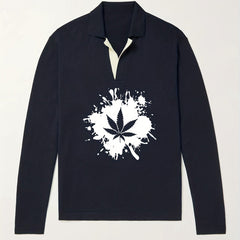 Leaf Pattern Knit Polo Shirt Men's Casual Lapel Sweater