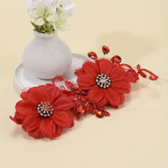 Red Flower Head Piece Rhinestone Bridal Hair Accessories