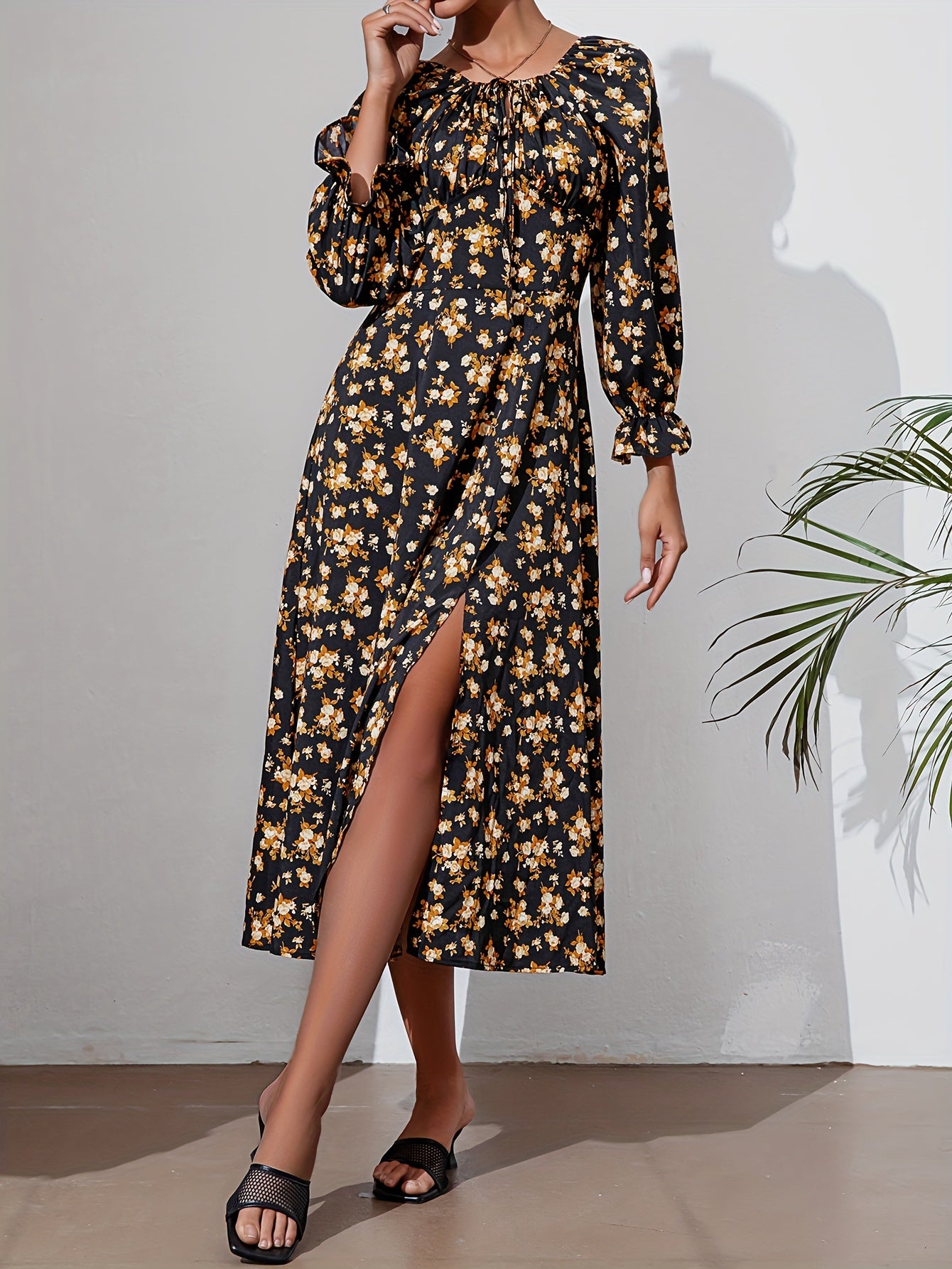 Floral Split Thigh Dress Long Sleeve Squared Neck