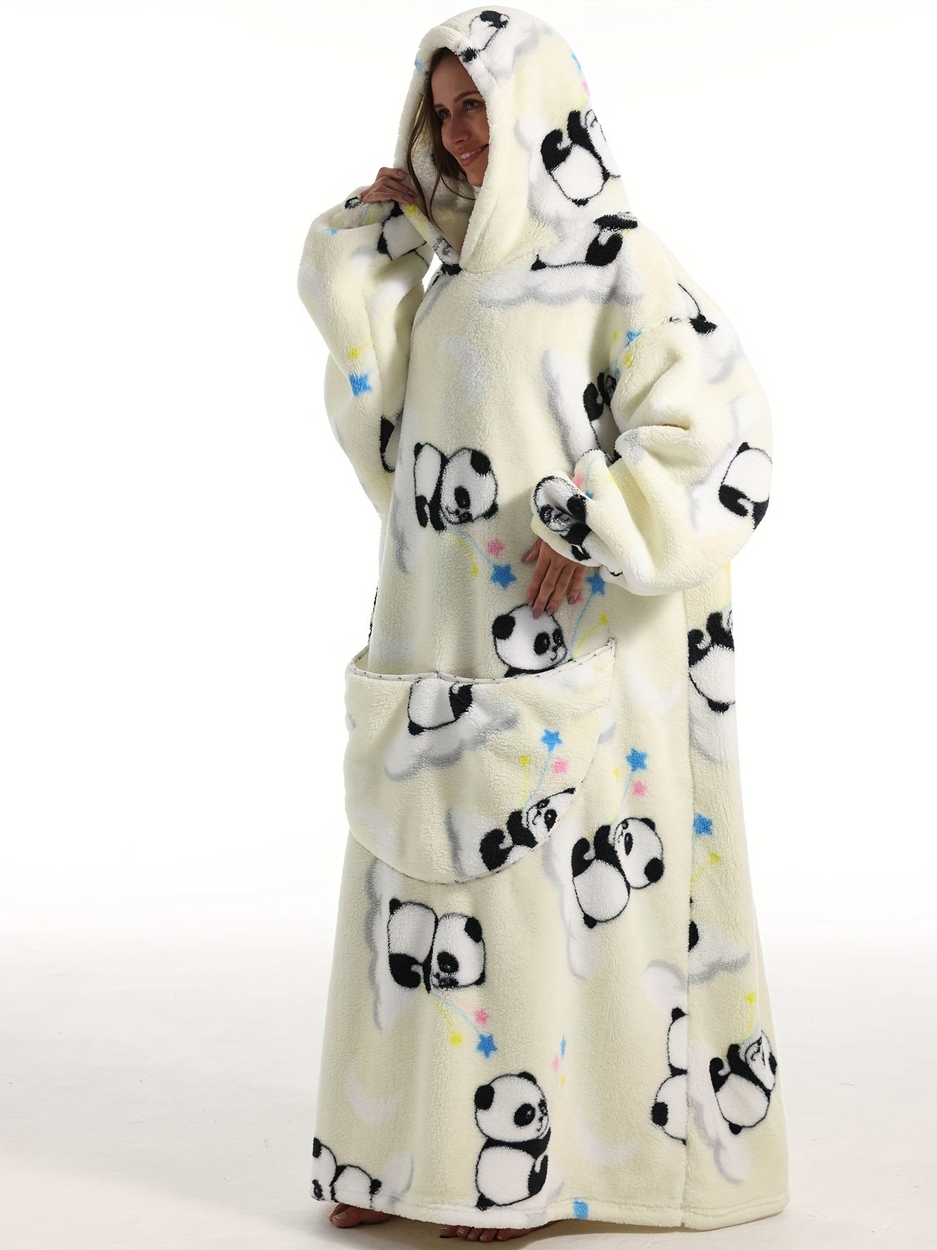 Oversized Fleece Hooded TV Blanket Women's Panda Pattern Robe