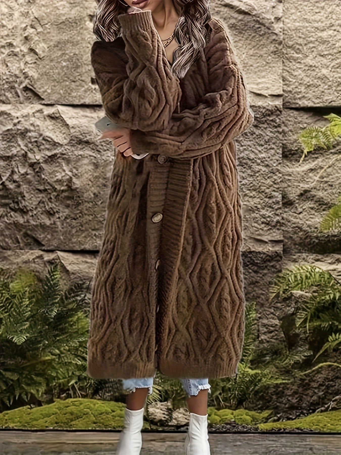 Solid Cable Button Long Cardigan