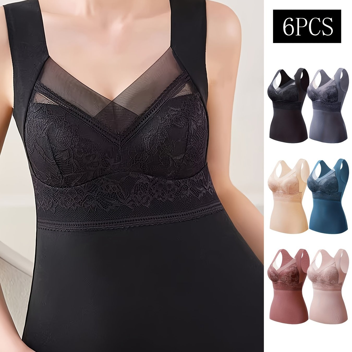 6pcs Lace Tank Tops V Neck Sleeveless Thermal Women's Lingerie