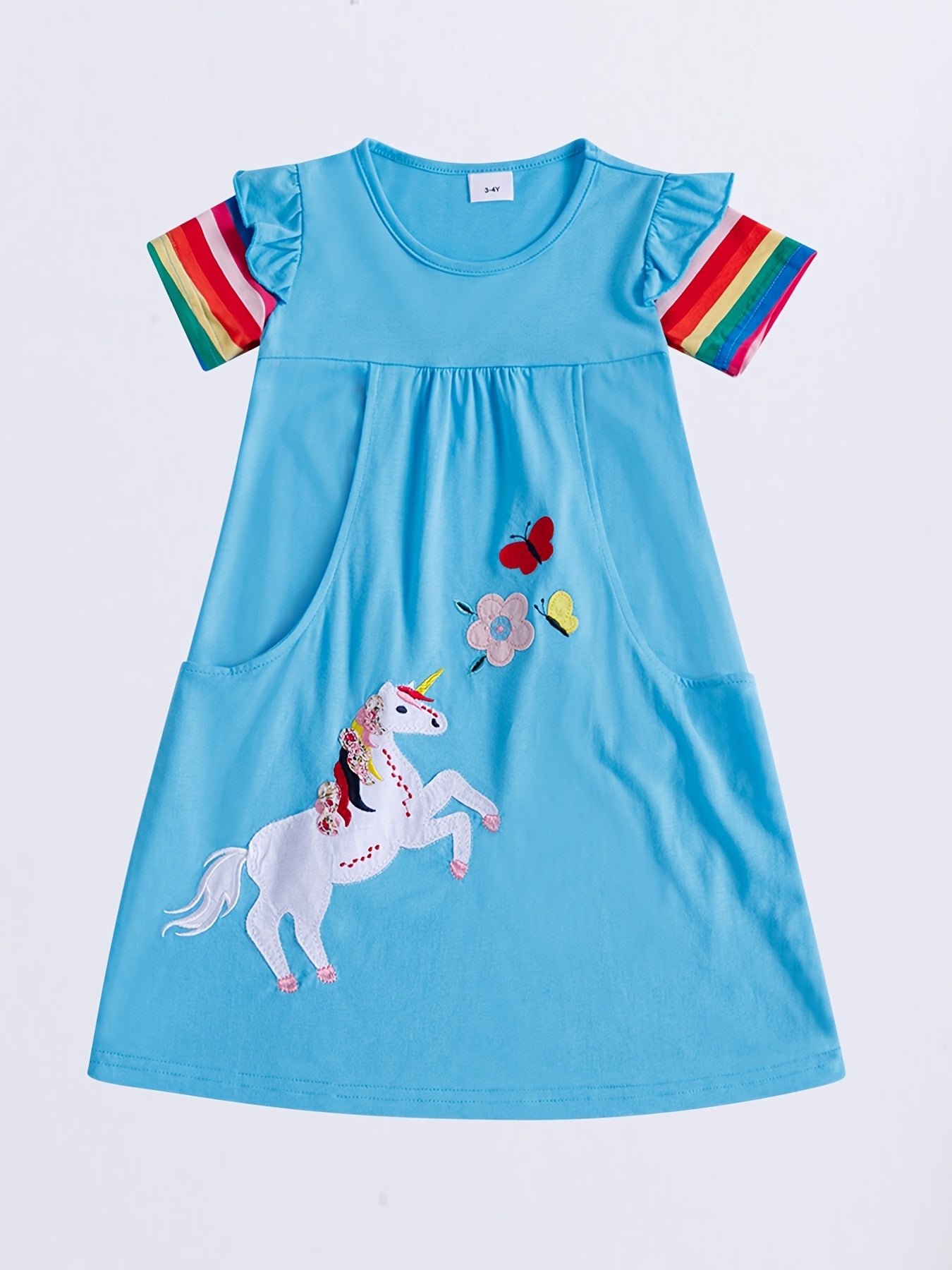 Girls Cartoon Dress Rainbow Strips Unicorn Flower Butterfly Embroidery