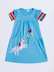 Girls Cartoon Dress Rainbow Strips Unicorn Flower Butterfly Embroidery