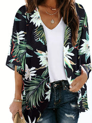 Floral Print Cover Up Shirt V Neck Loose Fit Half Sleeves Beachwear