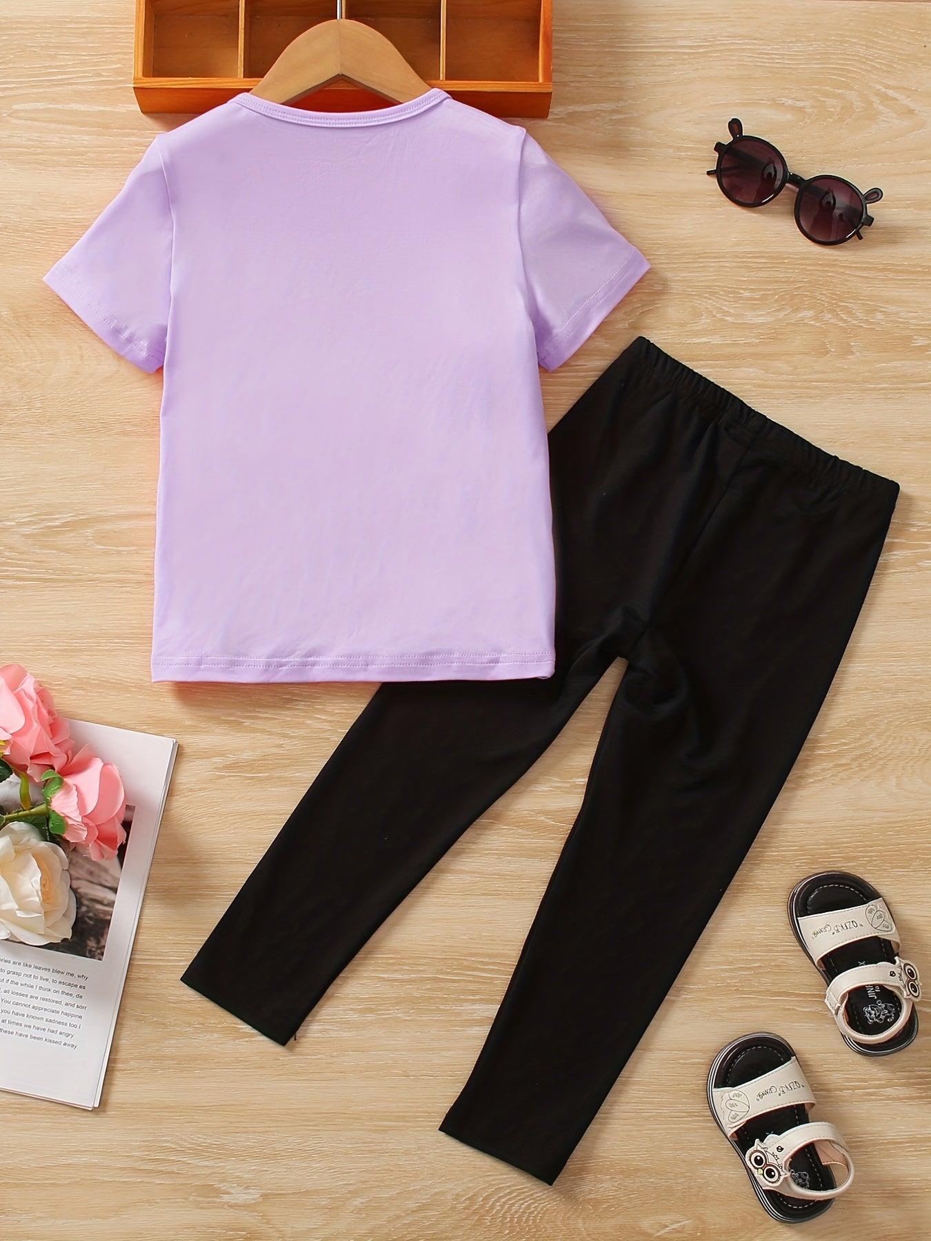 Girls Cat Print Short Sleeve Tee & Pants Set