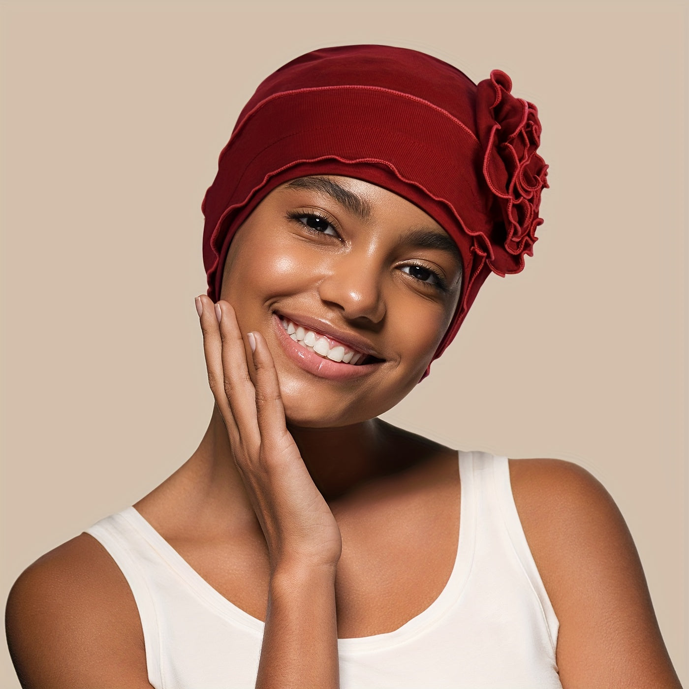 Ruffles Plate Flower Turban Cap Head Wrap Solid Elastic Beanies