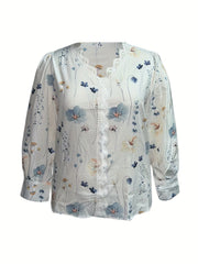 Women's Plus Floral Print Lace Sleeve V-Neck Top