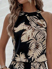 Feather Print Halter Neck Top Sleeveless Summer Casual Wear