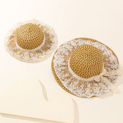 2pcs Family Sun Hat Lace Wide Brim Straw Hat Foldable Travel Beach Hats