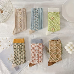 6 Pairs 3D Floral Textured Socks Retro Style Mid Tube Women's Stockings