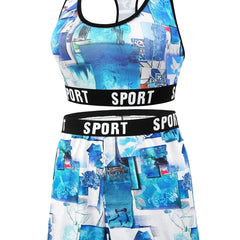 Sea Print Racer Back Bra & Shorts Set Plus Size Women's Sporty Underwear
