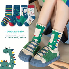 5pcs Kids Boys Dinosaur Striped Cotton Mid Tube Socks