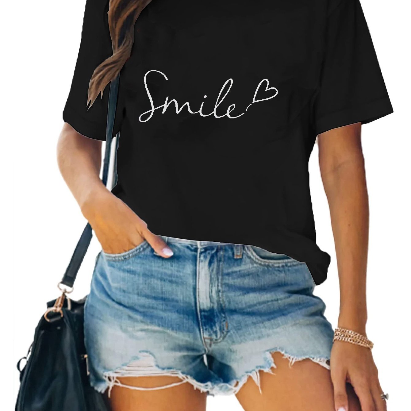 Letter Print T-shirt Crew Neck Short Sleeve Tee Womens Summer Tops