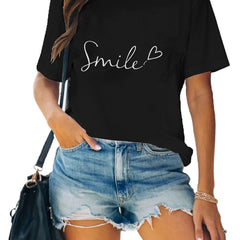Letter Print T-shirt Crew Neck Short Sleeve Tee Womens Summer Tops