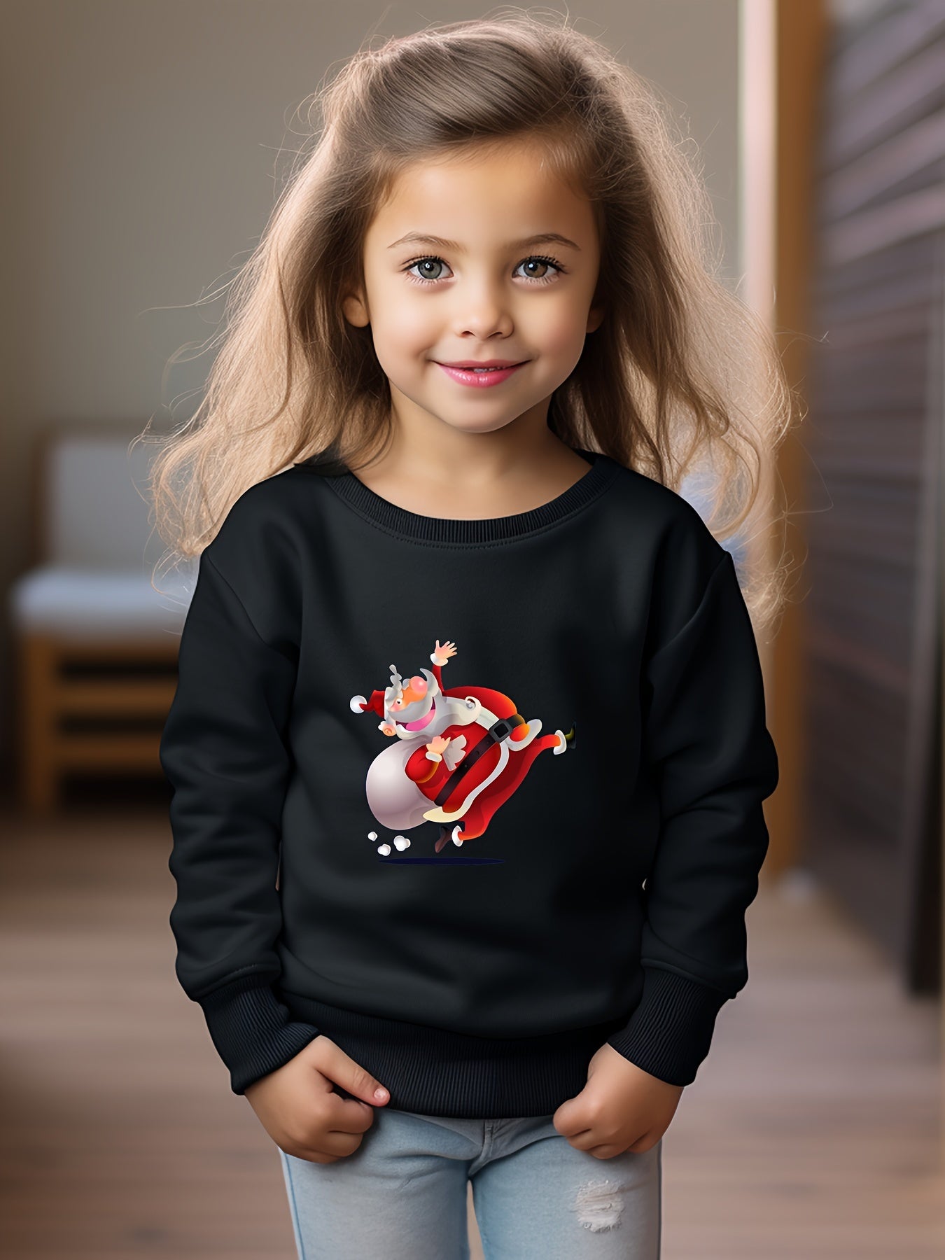 Christmas Santa Print Girls Pullover Sweatshirt Long Sleeve Crew Neck Tops