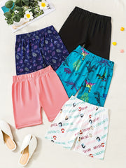 5pcs Girls Cartoon Print Bike Shorts & Stretchy Casual Shorts For Kids