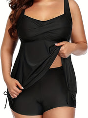 Modest Tankini Set Women's Plus Solid Cami Top & Shorts Swimsuit