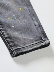 Paint Splatter Ripped Slim Fit Jeans Men's Casual High Stretch Denim Pants