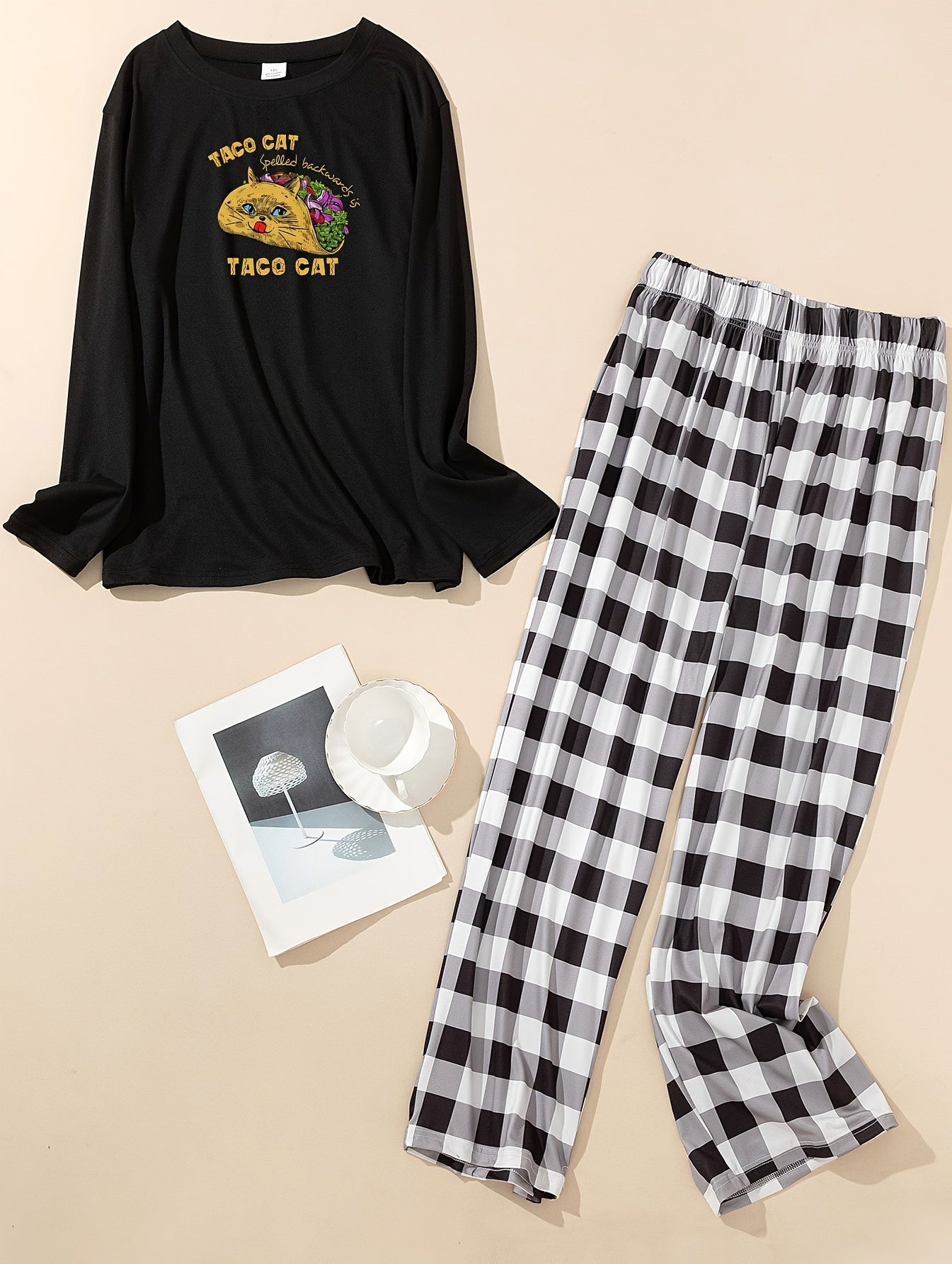 Cat Food Print Long Sleeve Tee & Plaid Pants Lounge Set