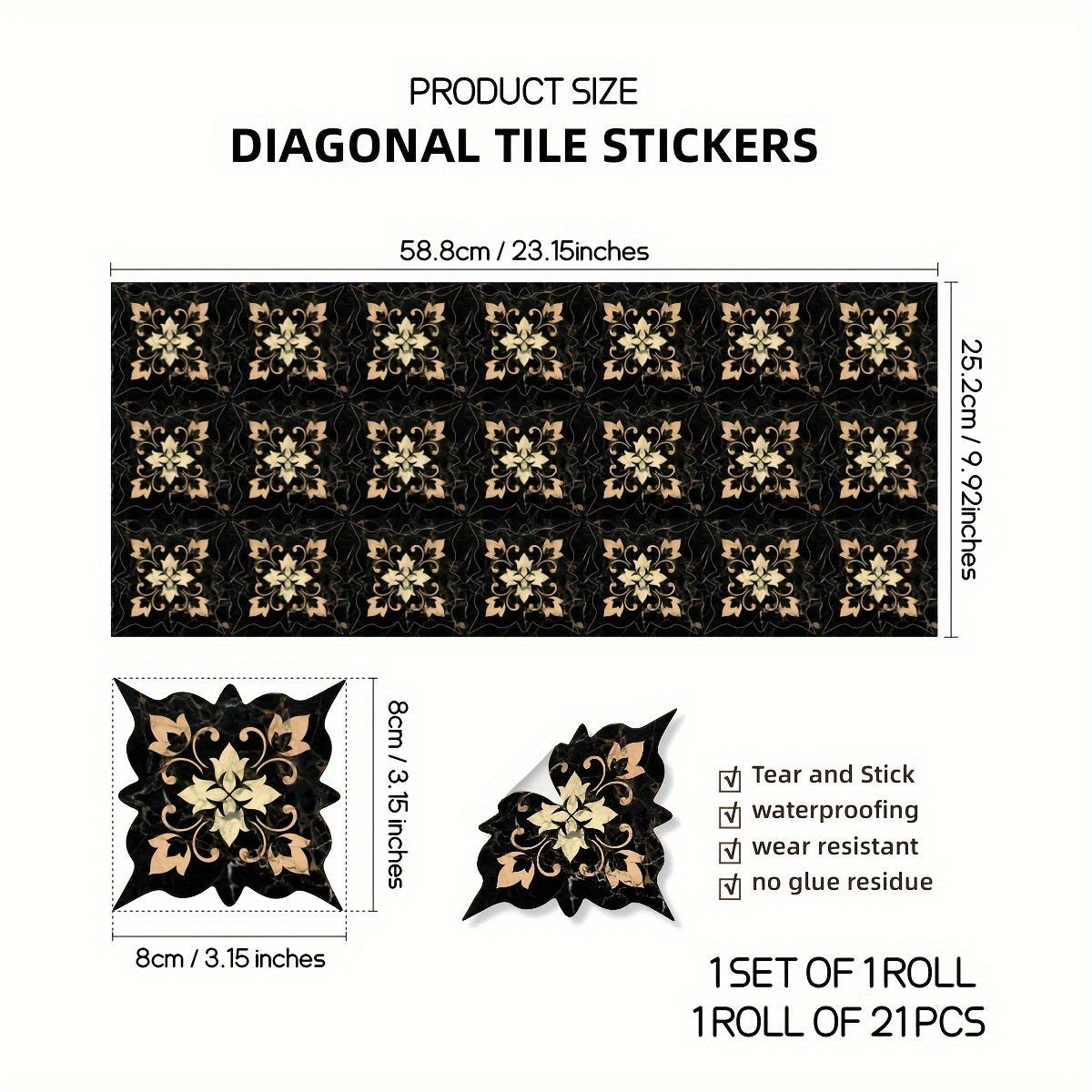 21pcs Dark Moroccan Pattern Tiles Stickers Waterproof Floor Decor