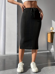 Drawstring Midi Skirt Solid Ribbed Bag Hip