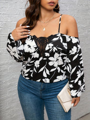 Women's Plus Floral Print Lace Cold Shoulder Top