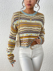 Ethnic Print Eyelet Knit Sweater Casual Crew Neck Long Sleeve Sweater