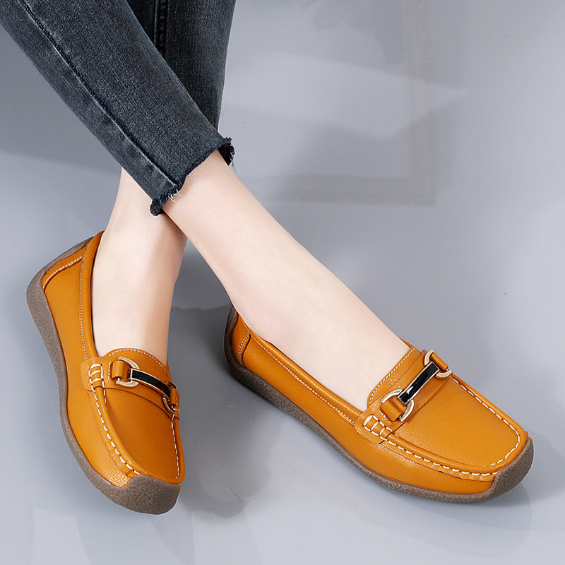 Metal Decor Flat Shoes Solid Non Slip Round Toe Loafers