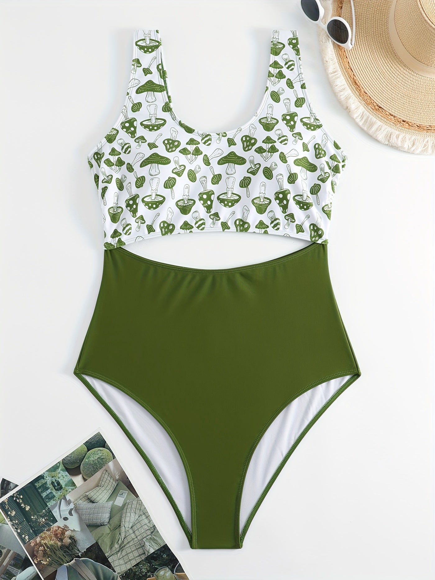 Sexy Mushroom Print Cut Out One Piece Swimsuit