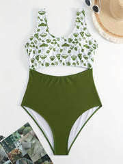Sexy Mushroom Print Cut Out One Piece Swimsuit