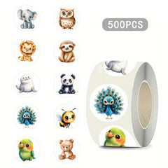 500pcs Watercolor Animal Stickers Roll - Vibrant Cartoon Designs